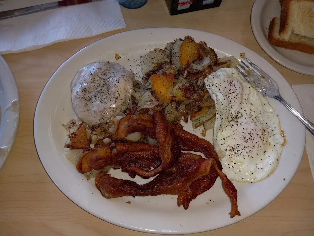 Bacon over Easy Eggs Homefries Crispy with Onion